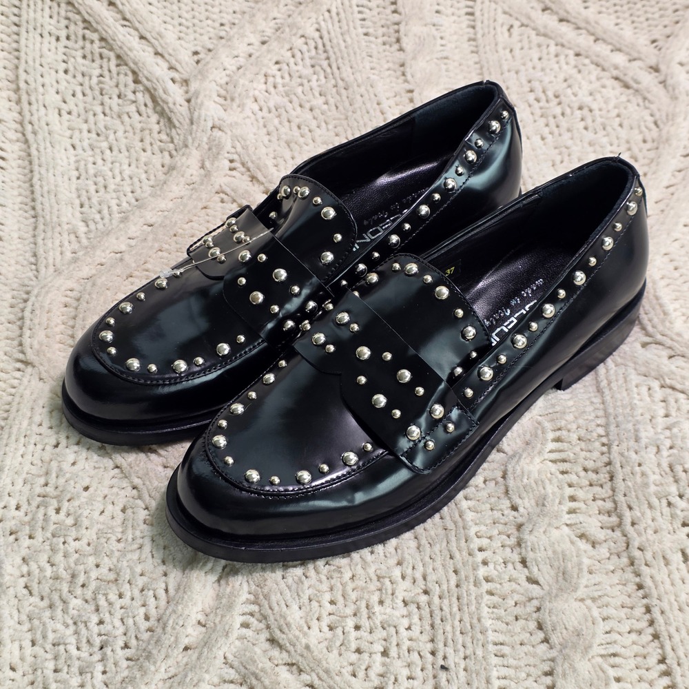 Napoleon Studded Italian Loafers Black Leather Silver Studs Womens 37 6-6.5 NEW